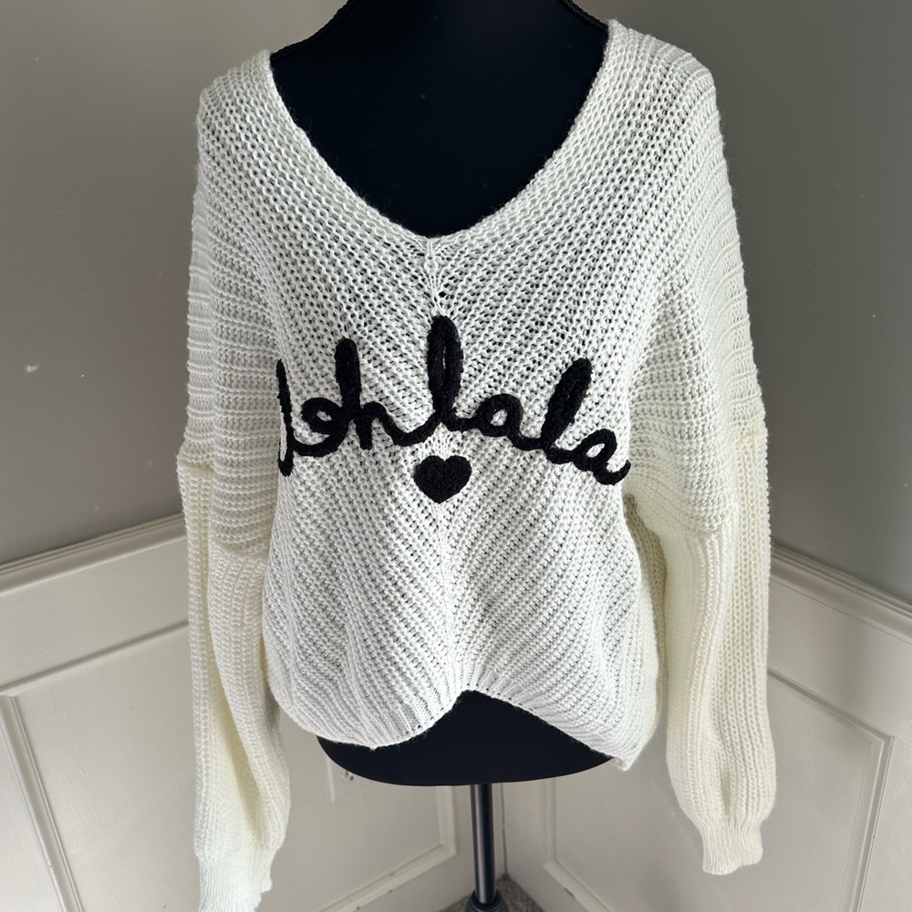 White Knit Sweater with Black Text Ooh La La Size Small